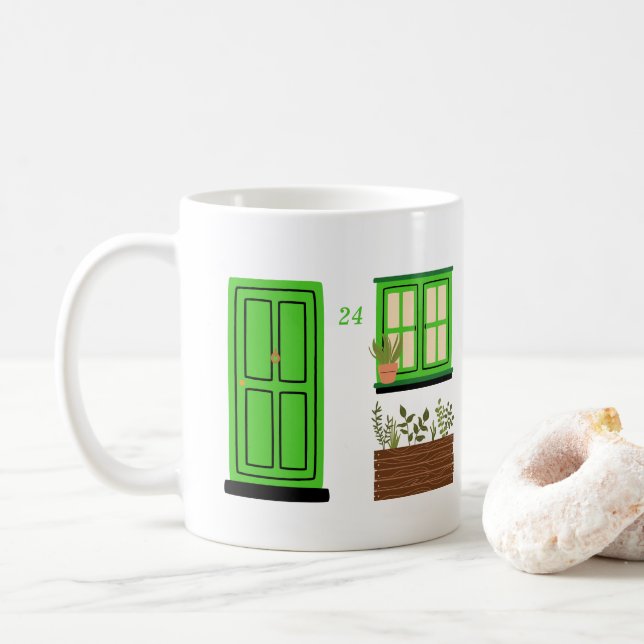 Taza De Café Casa con puerta verde con cita Personalizado (Con donut)