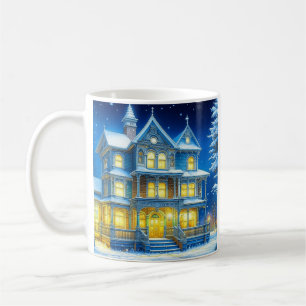 Taza De Café Casa de Navidades azules de Joyeux Noël Bonito