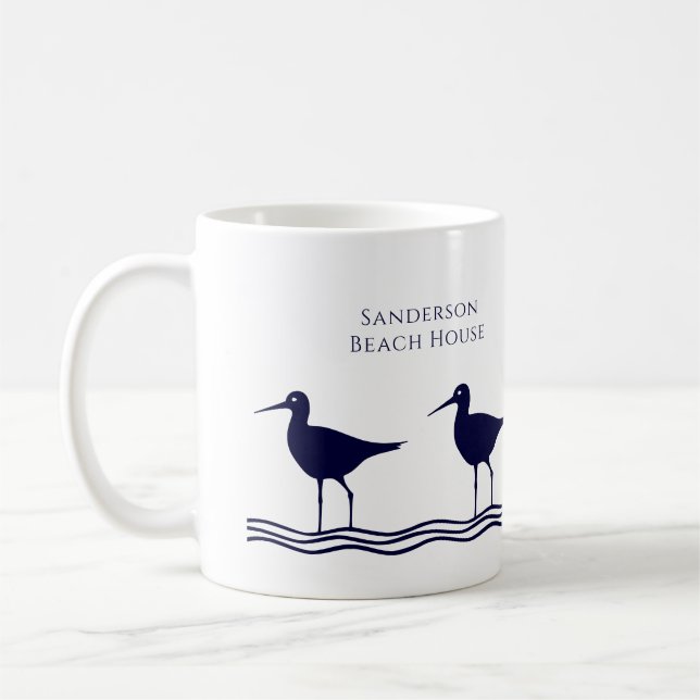Taza De Café Casa de playa Nautical White Navy Blue Sandpipers (Izquierda)