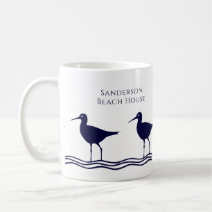 Taza De Café Casa de playa Nautical White Navy Blue Sandpipers