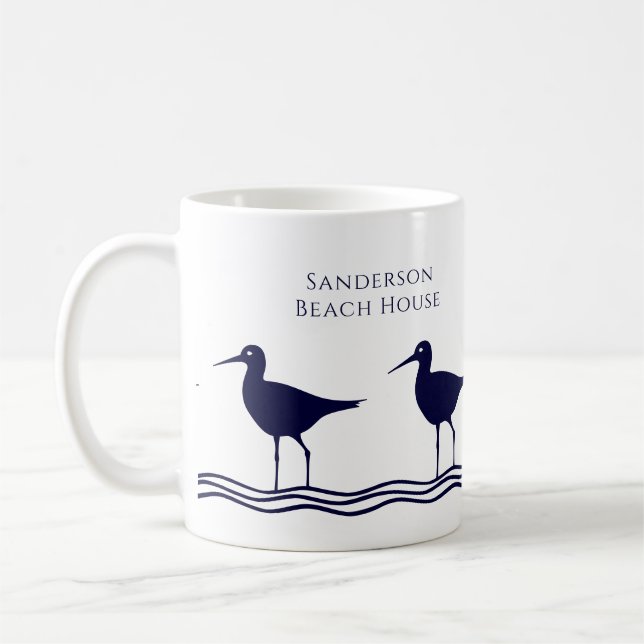 Taza De Café Casa de playa Nautical White Navy Blue Sandpipers (Izquierda)