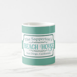 Taza De Café Casa de Playa Nombre Personalizado Rayas Turquesa