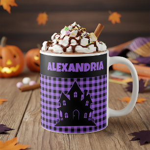 Taza De Café Casa Embrujada de Halloween Plaid Morado y Negro N