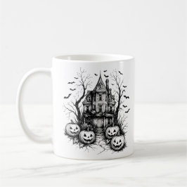 Taza De Café Casa Embrujada Halloween en Blanco y Negro