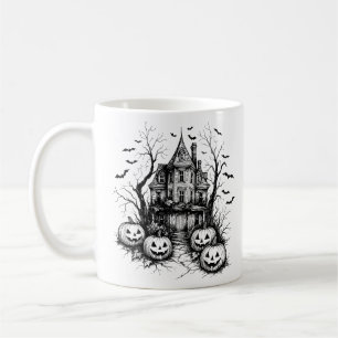 Taza De Café Casa Embrujada Halloween en Blanco y Negro