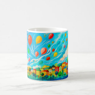 Taza De Café Casas coloridas con globos en un cielo ventoso