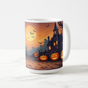 Taza De Café Casas Embrujadas Bajo Una Luna de Halloween 🎃