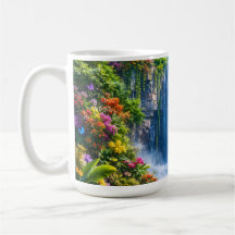 Cascada mágica con arcoíris y flor colorida