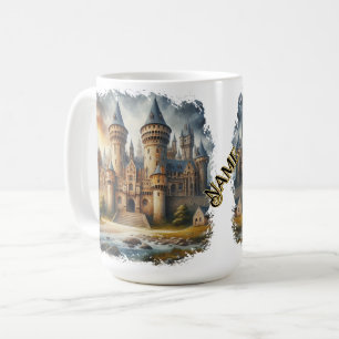 Taza De Café Castillo medieval al atardecer con cielos atmosfér