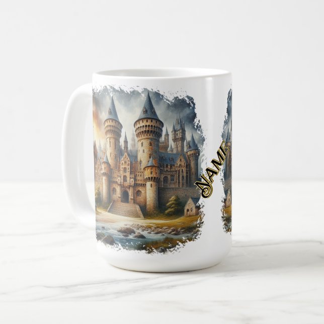 Taza De Café Castillo medieval al atardecer con cielos atmosfér (Anverso izquierdo)