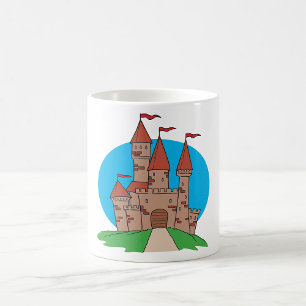 Taza De Café Castillo Medieval en Colina con Banderas Rojas