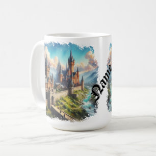 Taza De Café Castillo medieval en un paisaje montañoso