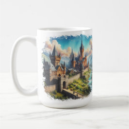 Taza De Café Castillo medieval en un paisaje montañoso