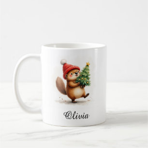 Taza De Café Castor con árbol de Navidad nombre personalizado
