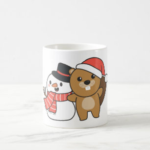 Taza De Café castor Con Snowman En Invierno En Los Navidades
