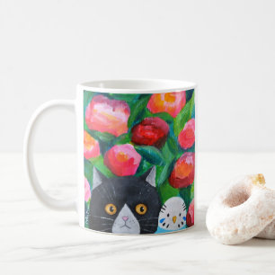 Taza De Café Cat and Blue budgie Cute pet Lover Quirky Folk Art