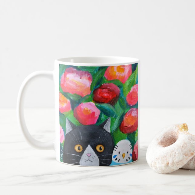 Taza De Café Cat and Blue budgie Cute pet Lover Quirky Folk Art (Con donut)