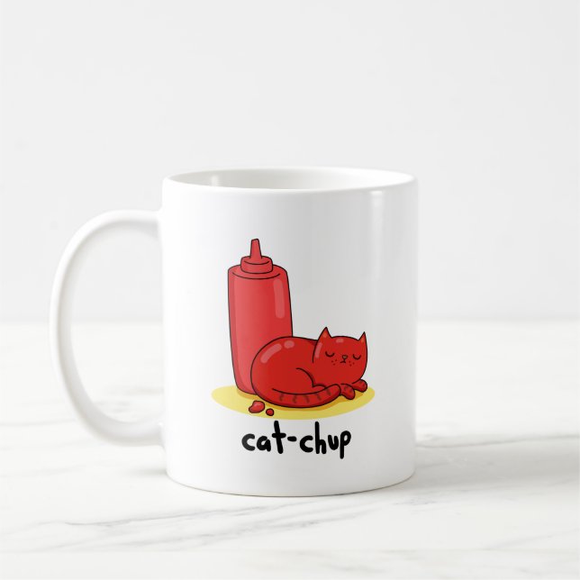 Taza De Café Cat-chup Graciosa Red Ketchup Cat Pun (Izquierda)