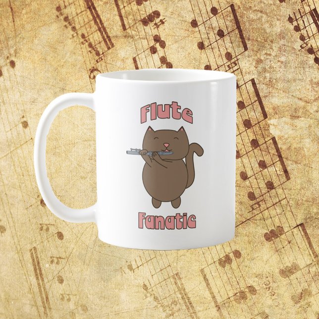 Taza De Café Cat Fanatic Pink Brown Cat (A mug with the words Flute Fanatic and a brown cat playing the flute!)