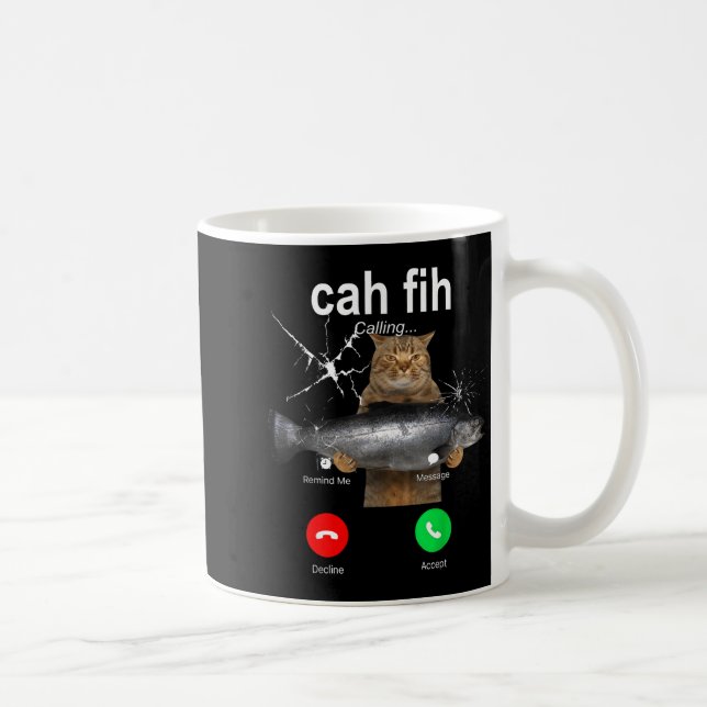 Taza De Café Cat Fih Calling Meme Funny Fish Cat Humor Gift Tee (Derecha)