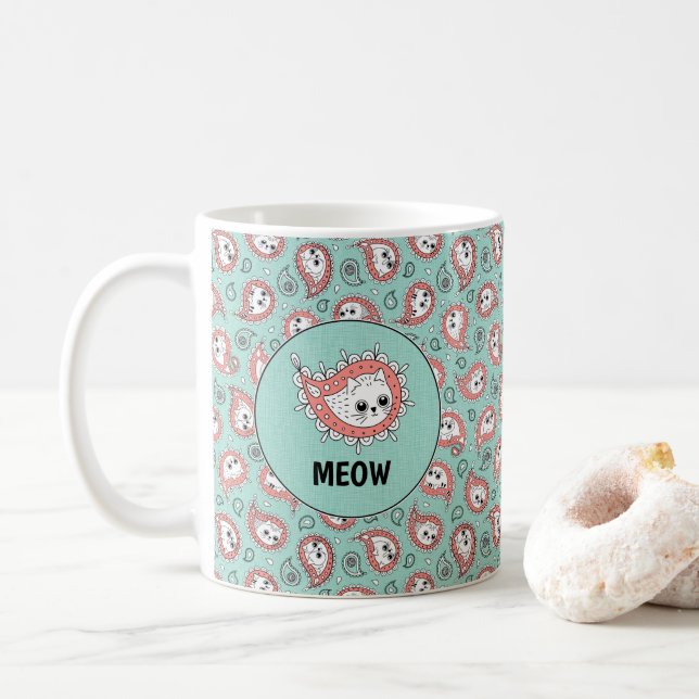 Taza De Café Cat Paisley - Coral y menta (Con donut)