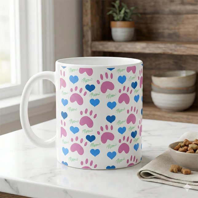 Taza De Café Cat Paw Prints Hearts Meow Pink Blue Green (A mug with a pink, green & blue pattern of cat paw prints, hearts and meows.)