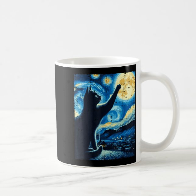 Taza De Café Cat Reaching Moon Starry Night Funny Kitten Men Wo (Derecha)