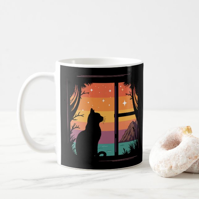 Taza De Café Cat Silhouette Retro Sunset (Con donut)