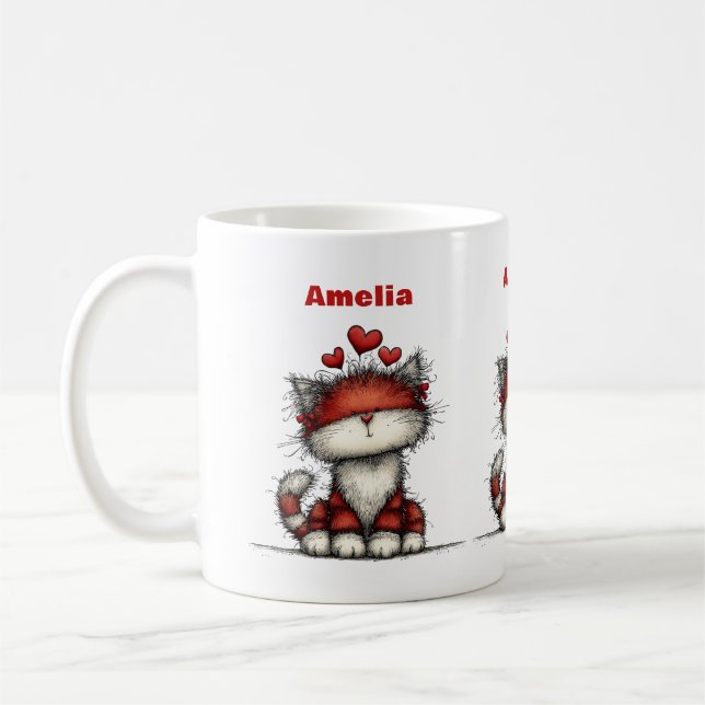 Taza De Café Cat with Red Love Hearts Cute and Funny (Izquierda)