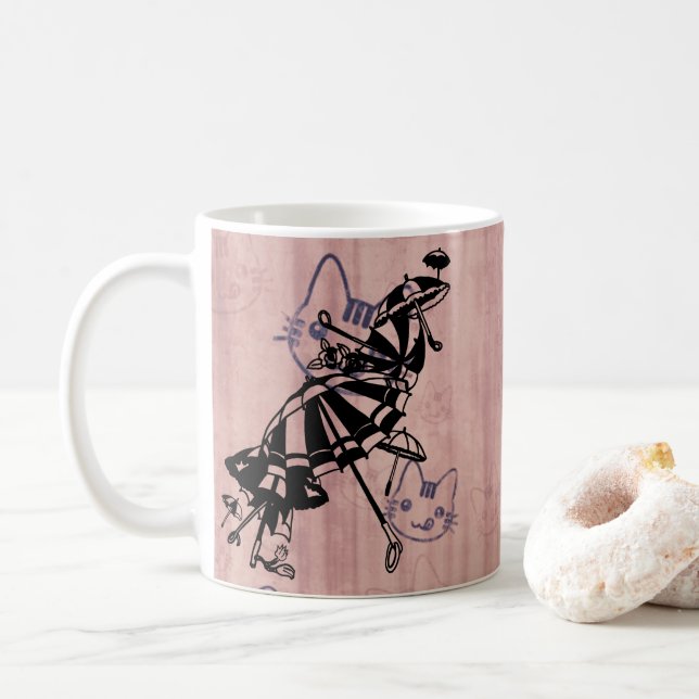 Taza De Café Cats Faces Sombrillas Umbrellas Pintura de tinta (Con donut)