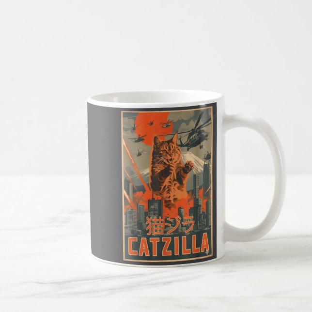 Taza De Café Catzilla Cat Japanese Art Funny Cat For Men Women  (Derecha)