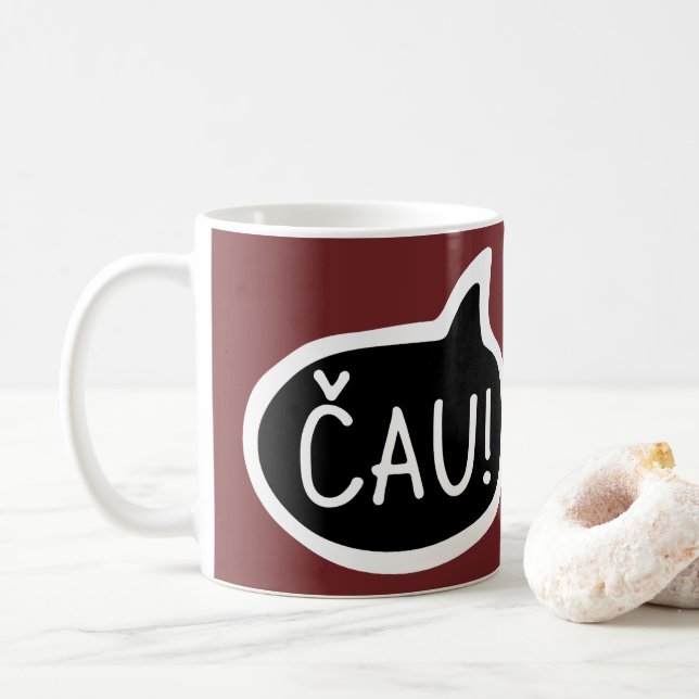 Taza De Café ¡ČAU! Saludo letón, eslovaco, burbuja de discursos (Con donut)