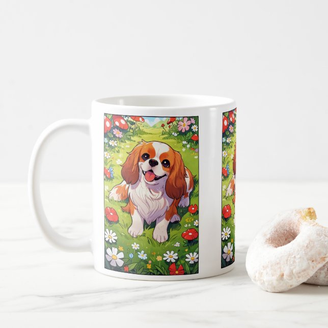 Taza De Café Cavalier King Charles Flores pastel campo (Con donut)