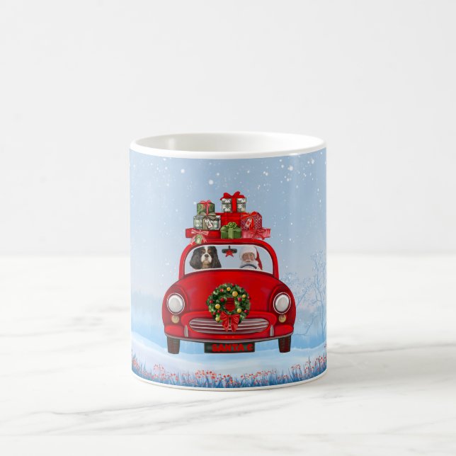 Taza De Café Cavalier King Dog En Coche Con Santa Claus (Centro)