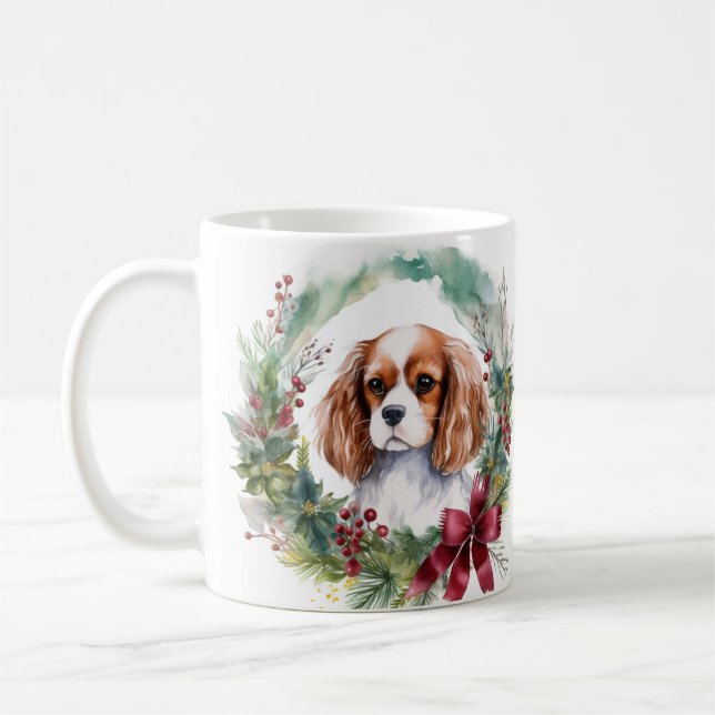 Taza De Café Cavalier King Navidades Wreath Festimes Pup (Izquierda)