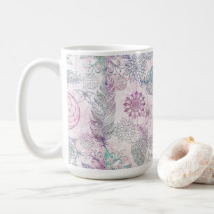 Taza De Café Cazador de sueños plumas brillo iridiscente mágico