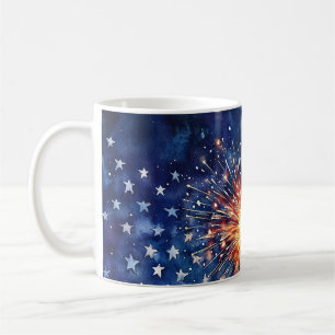 Taza De Café celebración de América. Estrellas y fuegos artific