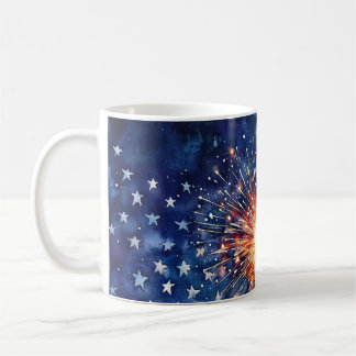 Taza De Café celebración de América. Estrellas y fuegos artific