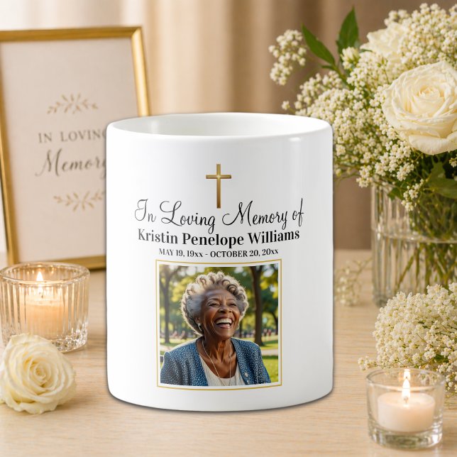 Taza De Café Celebration Of Life Gold Cross Photo Funeral (Subido por el creador)