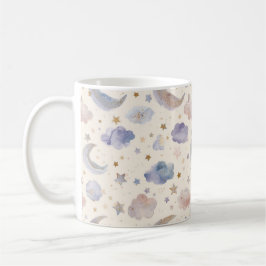 Taza De Café Celestial Moon Stars Clouds Watercolor Pastel