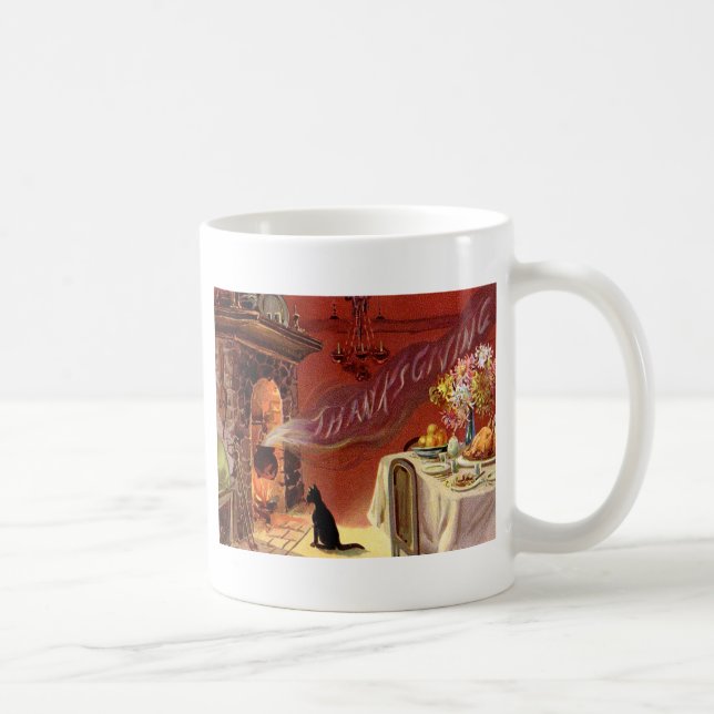 Taza De Café Cena de Acción de Gracias, gato negro, chimenea de (Derecha)