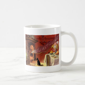 Taza De Café Cena de Acción de Gracias Gato Negro Chimenea Pavo