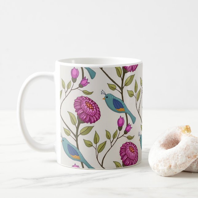 Taza De Café Ceramic mug with bird and flower print (Con donut)