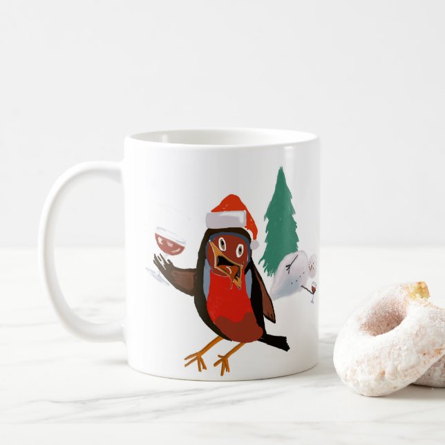Taza De Café Ceramic mug with Christmas Cheer Robin design (Con donut)