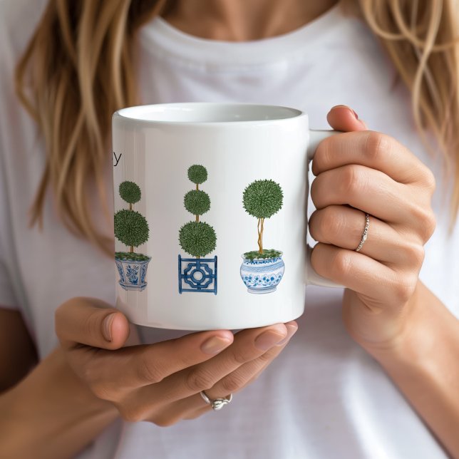Taza De Café Cerámica del trío del árbol del tocador de Chinois (personalized topiary tree chinoiserie mug custom name)