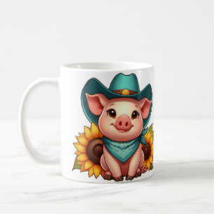 Taza De Café Cerdito con sombrero de vaquero y girasoles