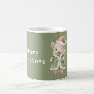Taza De Café Cerdo Feliz Sombrero Rojo de Navidad