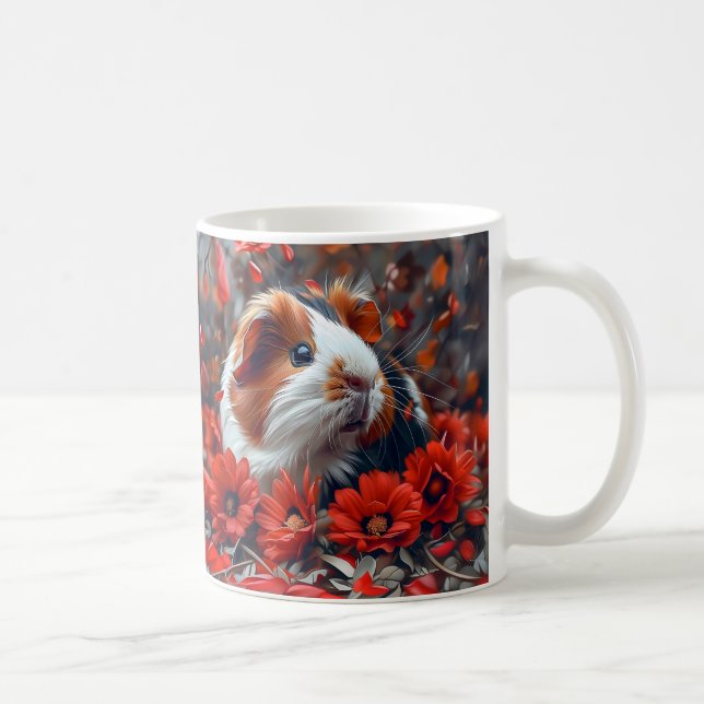 Taza De Café Cerdo guineano entre flores rojas (Derecha)