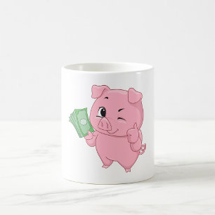 Taza De Café Cerdo Rosa Sosteniendo Efectivo Dando Pulgar Hacia