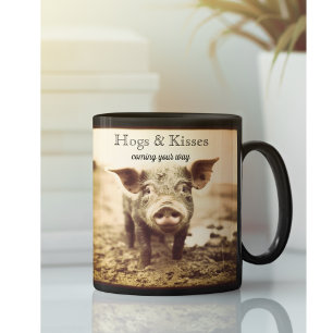 Taza De Café Cerdos y Besos Cerdo Rústico Sepia Antiguo